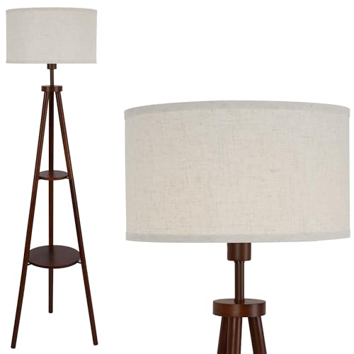 LuminexDesigns Tripod-Stehlampe mit Leinen-Lampenschirm, Doppelte Regale für Wohnzimmer, Ohne Glühbirne von LuminexDesigns
