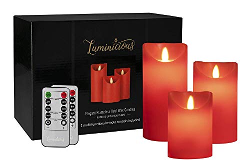 Rot Flammenlose Kerzen, flackernde Flamme mit Fernbedienung & Timer, erstaunliche realistische tanzende Flamme, batteriebetriebene LEDs, echtes Wachs-Set, 3 Stück, elegante Dekoration Geschenkidee von Luminicious