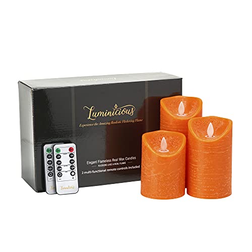 Luminicious Flammenlose duftlos LED Flamme. Orange Elektrische batteriebetrieben, Fernbedienung & Timer | echtem Wachs Stumpenkerzen Set von 3 (10,2 cm 12,7 cm 15,2 cm) Perfekte Geschenk von Luminicious