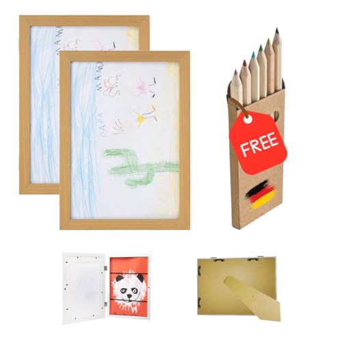 Bilderrahmen A4 für Kinderzeichnungen in Holz Optik Braun - Kunstfotorahmen aufklappbar mit Frontöffnung für bis zu 100 Kinderbilder - Fotorahmen zum befüllen – Befüllbarer Kunstrahmen (2, Holzoptik) von Luminoza