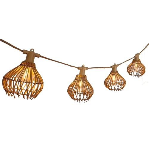 Lichterkette für den Außenbereich, anschließbar, 10 natürliche Rattan-Lampen, Rotilia Light HYBRID, warmweiß, 8 m, solarbetrieben und mit Netzanschluss von Lumisky