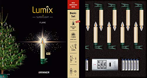 KRINNER Lumix LED kabellose Weihnachtsbaum Christbaumkerzen SuperLight Flame 12er Basis-Set , Kunststoff, Warmweiß inkl. Fernbedienung Timer Elfenbein 9cm 77122 , von Lumix