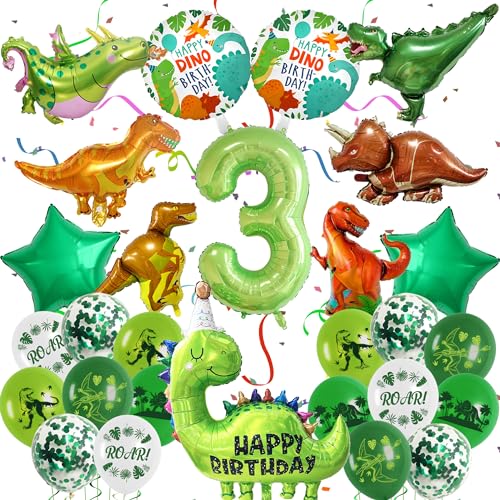Dino Luftballon Geburtstagsdekoration - Dino Geburtstag Deko 3 Jahre Ballonset mit Latex Dinosauriern T-Rex Sternen und Folienballons für Dino Party Deko bei Kindergeburtstag von LumoFun