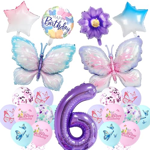 Schmetterling Deko Geburtstag 6 Jahre - Schmetterling Luftballon Blumenballons, Sternballons, Runde Ballons und Latexballons für 6 Geburtstag Mädchen von LumoFun
