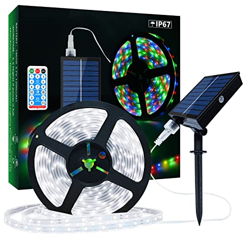Lumtang Solar LED Streifen Außen, 10m 560 LEDs Dimmbare Lichtleisten mit Fernbedienung, Kühles Weißes LED Lichter für Gartenbäume Zuhause Weihnachten Urlaub Terrasse Partydekoration von Lumtang
