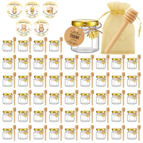 Luna & Dina 50 Stück mini Honiggläser mit goldener Deckel, Honiglöffel, Biene, Dankesetikett, Schnur, Organzabeutel, Aufkleber, Hochzeitsgeschenk für Gäste (Premium) von Luna & Dina
