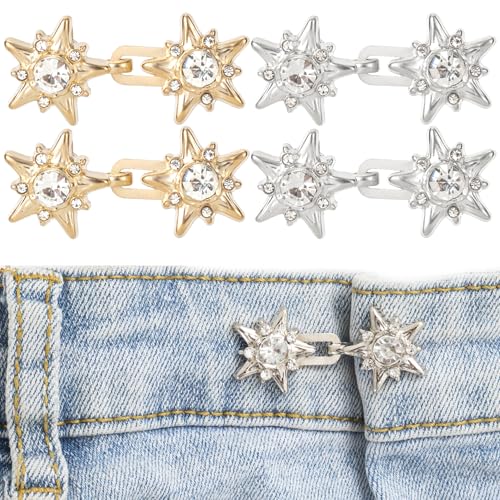 LunarCharm 4 Paar verstellbare Taillenspanner-Knöpfe, abnehmbarer Jeans-Taillenspanner mit Stern, ohne Nähen von Strass-Hosen-Taillenspannern für Damen, Jeans-Taillenspanner von LunarCharm