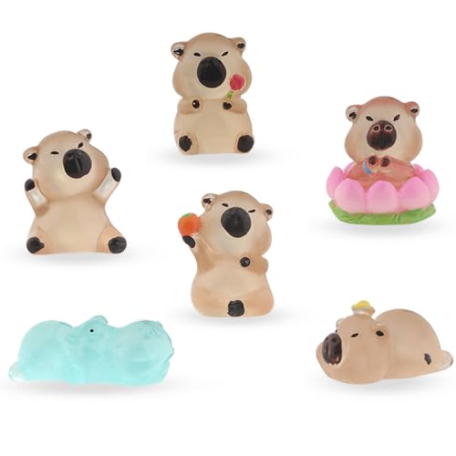 LunarCharm 6 Stück Miniatur-Capybara-Figuren, leuchtendes Modell, niedliche Mini-Capybara-Figuren, Kuchendekoration, Heimdekorationszubehör von LunarCharm