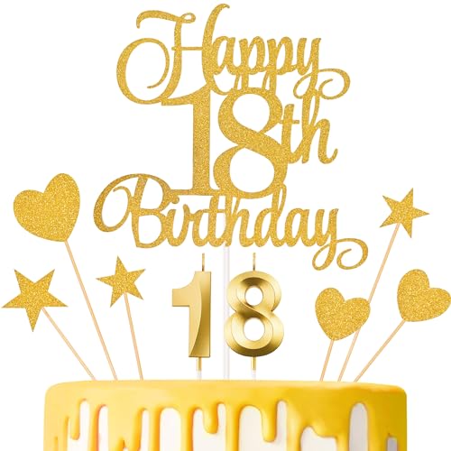 LunarCharm Kuchendekorationen zum 18. Geburtstag, Kerzen zum 18. Geburtstag, Kuchenziffernkerzen und Glitzer-Kuchenaufsätze „Happy 18th Birthday“ für Geburtstagsparty-Zubehör (Gold) von LunarCharm
