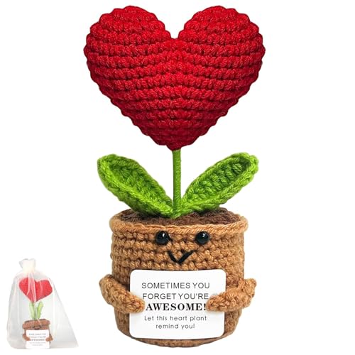 LunarCharm Positive Häkelpuppe mit Herzförmige Blume, handgefertigte Puppe aus gestrickter Wolle mit positiver Karte als Aufmunterungsgeschenk, emotionale Unterstützung von LunarCharm
