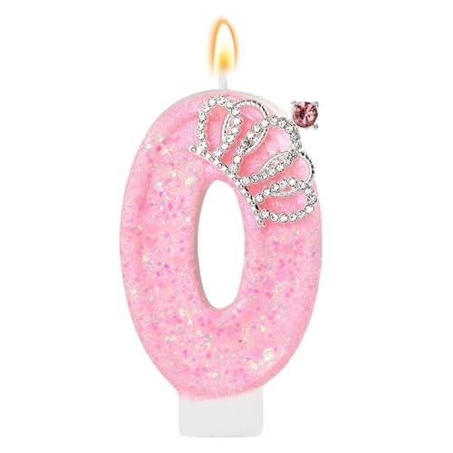 LunarCharm Rosa Geburtstagskerzen – Glitzernde Zahlenkerze zur 0. Geburtstagsparty mit Krone, Zahl 0, für Kuchen, Cupcake-Dekorationen, Partydeko, Jubiläumsfeiern von LunarCharm