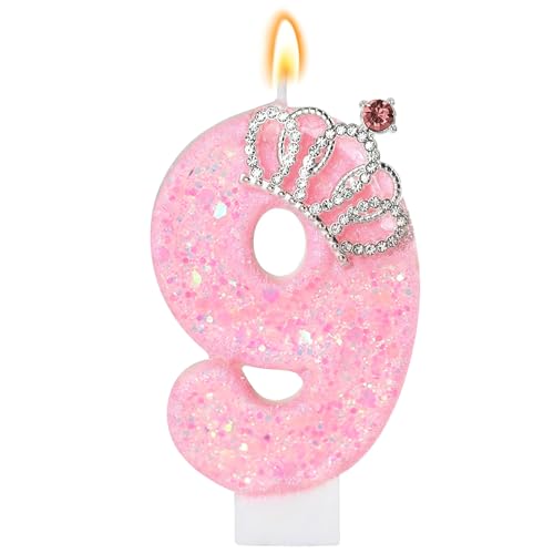 LunarCharm Rosa Geburtstagskerzen – Glitzernde Zahlenkerze zur 9. Geburtstagsparty mit Krone, Zahl 9, für Kuchen, Cupcake-Dekorationen, Partydeko, Jubiläumsfeiern von LunarCharm