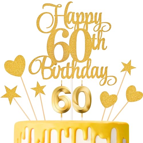 LunarCharm Tortenaufsätze zum 60. Geburtstag, Kerzen zum 60. Geburtstag, Ziffernkerzen und Glitzer-Kuchendekorationen, Aufsätze-Set für Partyzubehör (Gold) von LunarCharm