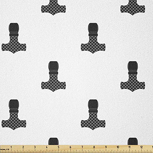 Lunarable Mjolnir Stoff von The Yard, Digital Style Viking Thor Hammer formt Mystic nordische kulturelle Symbolische Muster Stretch Strickstoff für Kleidung Nähen und Kunsthandwerk, 1 Weiß Schwarz von Lunarable