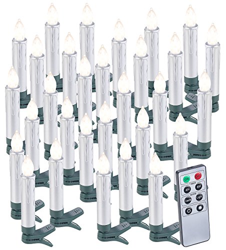 Lunartec Christbaumkerzen LED: 30er-Set LED-Weihnachtsbaumkerzen mit Fernbedienung und Timer, Silber (Kabellose Christbaumkerzen, Kabellose LED-Weihnachtsbaumkerzen, Weihnachtsmann) von Lunartec