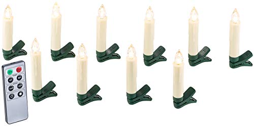 Lunartec Weihnachtsbaumkerzen: 10er-Set LED-Weihnachtsbaum-Kerzen mit IR-Fernbedienung, Timer, weiß (Weihnachtsbaumbeleuchtung kabellos, LED Weihnachtskerzen, Kabellose Cristbaumkerzen) von Lunartec