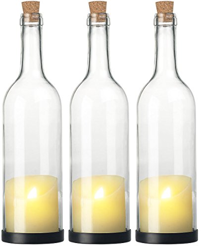 Lunartec Dekobeleuchtung: 3er-Set Deko-Glasflasche mit LED-Kerze und beweglicher Flamme, Timer (Flaschenbeleuchtung, Flaschen-Licht, Tischleuchte Batterie) von Lunartec