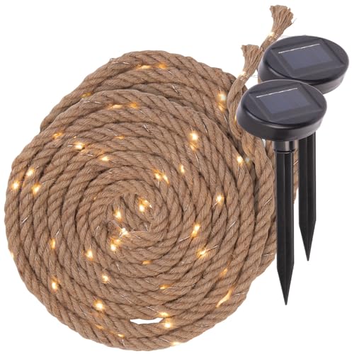 Lunartec Juteseil Lichterkette: 2er-Set Solar-Seil-Lichterkette aus Naturfasern, 60 eingearbeitete LED (Solar-Jute-Lichterkette, Solar-Lichtgirlande, Lichtschlauch) von Lunartec