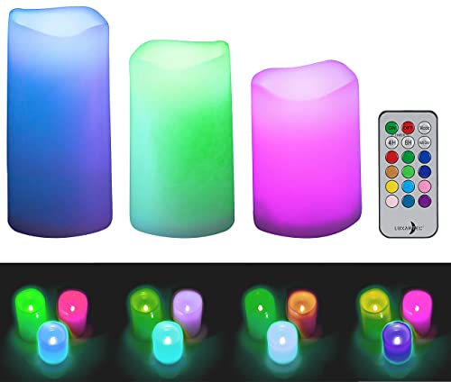 Lunartec Deko: 3er-Set dimmbare RGB-LED-Kerzen mit Timer & Fernbedienung, bunt, IP44 (LED-Kerzen mit Timer Outdoor, LED-Stumpenkerze mit Fernbedienung, Kabellose Weihnachtskerzen) von Lunartec
