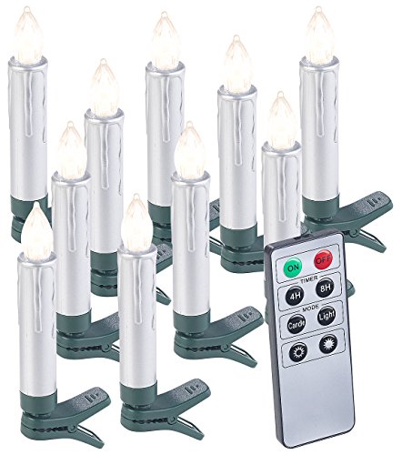 Lunartec Kabellose Kerzen: 10er-Set LED-Weihnachtsbaum-Kerzen mit Fernbedienung und Timer, silber (Kabellose Baumkerzen, flackernde Weihnachtsbaumkerzen, Fernbedienungen) von Lunartec