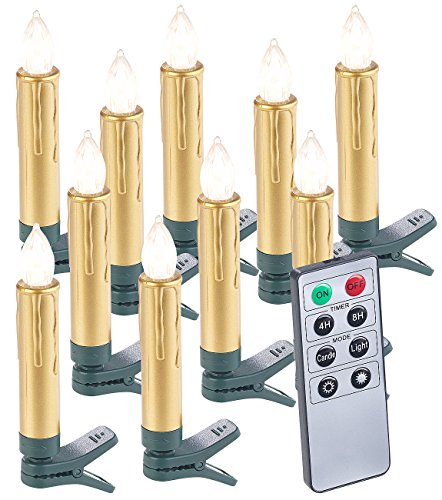 Lunartec Weihnachtsbeleuchtung: 10er-Set LED-Weihnachtsbaum-Kerzen mit Fernbedienung und Timer, gold (Kabellose Weihnachtskerzen, Weihnachtsbaumkerzen Fernbedienung, Weihnachtsmann) von Lunartec