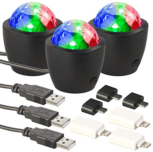 Lunartec Mini Discokugel: 3er-Set Mini-RGB-Disco-Licht, Akustik-Sensor, USB- & iPhone-Anschluss (USB Discokugel, Mini Discokugel USB, Farbwechsler) von Lunartec