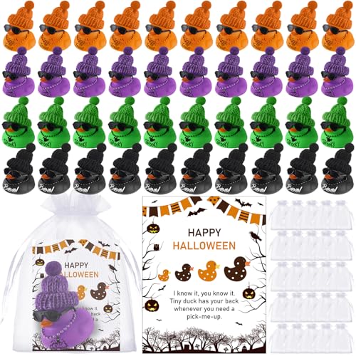 Halloween-Partygeschenke, 50 Stück, Halloween-Gummienten für Geschenke, 5,1 cm, Boo Gruselig, Orange, Grün, Lila, Schwarz, Trick or Treat Sonnenbrille, Ente für Bad, Pool, 50 Karten, 50 Organzabeutel von Lunmon