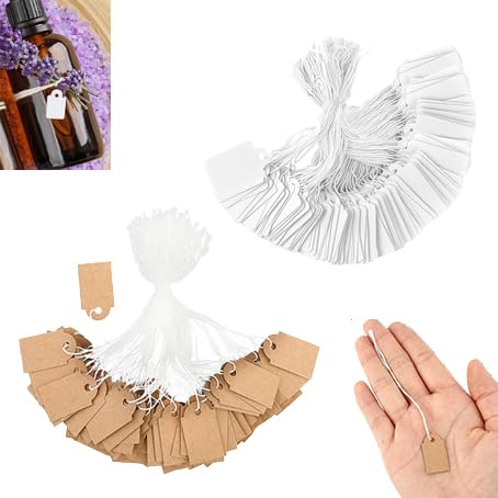 200 Stück Anhänger Etiketten, Preisschilder Anhänger, 3,5 x 2,2 cm Kraftpapier Preisschilder Etiketten Geschenkanhänger mit Faden Handmade Hängeetiketten Für Kleidung Schmuck Display (Weiß und Braun) von Lunpog