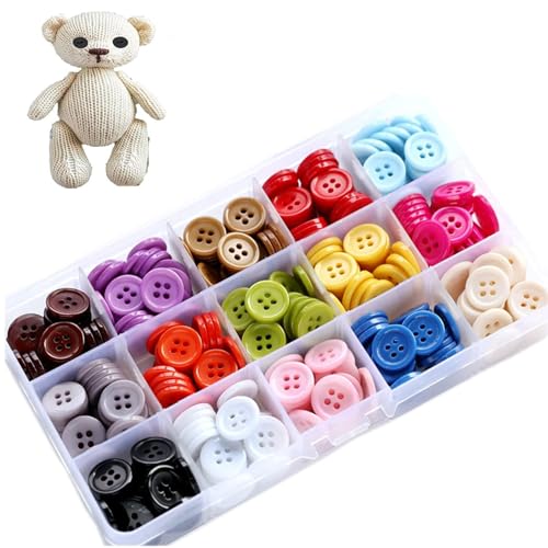 300 Stück Bunte Knöpfe 15mm 4-Loch Harz Rund Knöpfe mit Aufbewahrungsbox für Nähen DIY Handwerk Scrapbooking und Dekorieren, 15 Farben von Lunpog