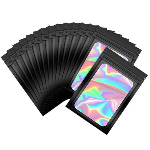 50 Stück Holografische Mylar-Beutel mit Sichtfenster, Wiederverschließbare Zip-Beutel 7x10cm für Süßigkeiten, Kekse & Schmuck, Premium Aufbewahrungsbeutel für Kleinunternehmen (Schwarz) von Lunpog