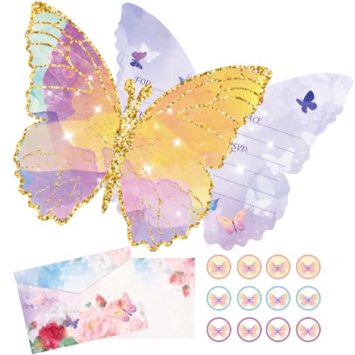 Lunriwis 12 Stück Einladungskarten Kindergeburtstag Mädchen, Schmetterling Einladungskarten mit Aufklebern und Umschlägen Hochwertige Einladungen von Lunriwis