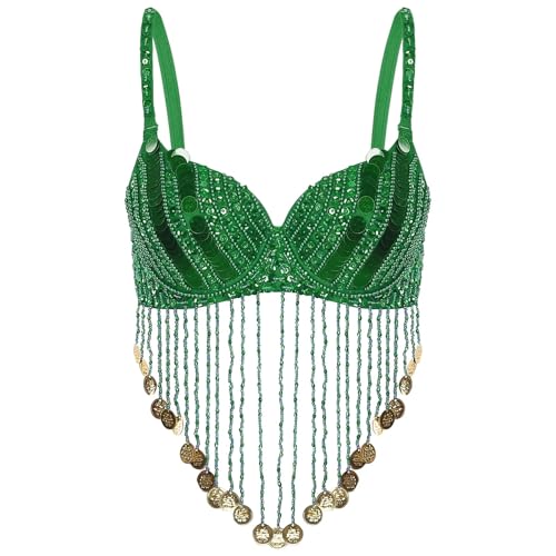 LuoAXINN Bauchtanz-Performance-Kostüm for Damen, verstellbare Träger, glänzende Pailletten, Kunststoffperlen, Quasten, Bügel-BH-Tops für Bauchtanz, Latin Dance(Green) von LuoAXINN