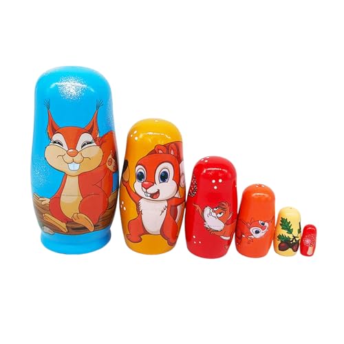 Luojuny Matryoshka Spielzeug aus sicherem Holz, russische Puppen, 6-teiliges Set, Eichhörnchen-Nistpuppe, 6 Schichten, stapelbare Tiere, handgefertigt für Kinder von Luojuny