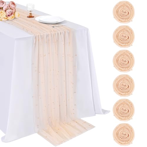 LuoluoHouse 6 Stück Perlentüll-Tischläufer: 3 m Tüll-Tischläufer, Champagner-Stoff für Hochzeit, Chiffonbogen, Brautschleier, Babyparty, Schatz, Tischdekoration, 73,8 x 305,8 cm von LuoluoHouse