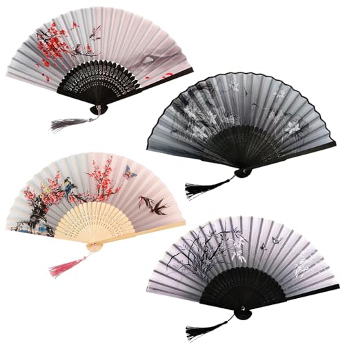 4 Stück Faltbarer Handfächer,Fans mit Quaste Faltfächer,chinesische Faltfächer,Vintage Bambus Fächer,Sommer-Geschenkidee und Kostümzubehör für Geburtstag,Party von LureLuxe