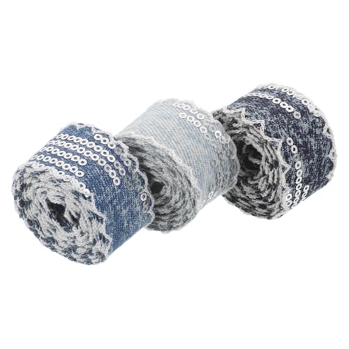 Lurrose 3 Rollen Pailletten Denim Band Breit Yards Glitzerndes Sequin Stoffband für DIY Kleidung Zubehör Schleifen Haarbänder Basteln Dekorationen in Hellblau Mittelblau Dunkelblau von Lurrose