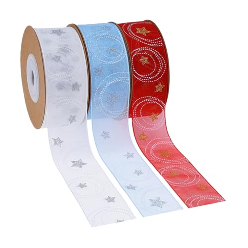 Lurrose 3 Rollen Weihnachtsband mit Stern Kreis-muster Polyester Geschenkband für Geschenkverpackung Partydeko Bastelbedarf Festliches Schleifenband in Weiß Blau Rot von Lurrose