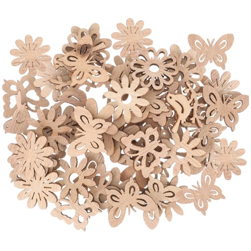 Lurrose 50 Stück Holzverzierungen Diy Holzschnitt Blumen Schmetterlinge und Vögel für Kreative Bastelprojekte Ungemeißelte Holzscheiben für Dekorationen von Lurrose