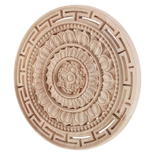 Lurrose Mandala-Blumen-Onlay aus Holz: Unbemalte geschnitzte Applikation für Möbel, Schränke, Garderoben – Runde europäische Schnitzereien, Bastelaufkleber – Truhen, Schränke, Haustür, Bett, Wand von Lurrose