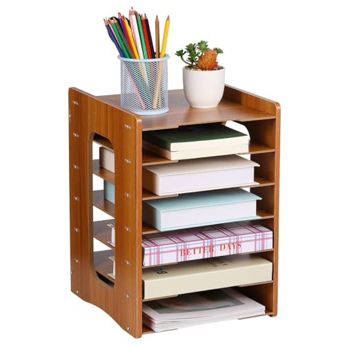 Lurrose Papierablage Organizer mit Schichten Schreibtisch Organizer für Büro Zuhause und Studium Stabiler Dokumentenhalter aus Holz Kirschbaumfarbe Multifunktionale Ablage für Bücher Mails von Lurrose