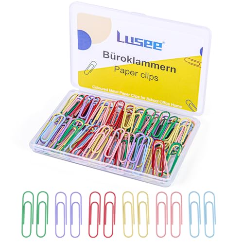 LUSEE 100 Stück Büroklammern Bunt, 33mm Briefklammern Büroklammer Brief Aktenklammern Paperclips Büroklammern Set (Metall, 6 Farben, Farbmischung) von LUSEE