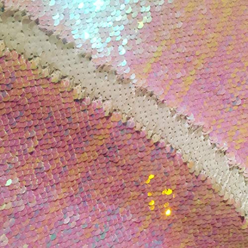 5 mm wendbarer Paillettenstoff, Meerjungfrauen-Pailletten-Material – 140 cm breit (0,5 m) (schillerndes Rosa und Weiß, halber Meter) von LushFabric