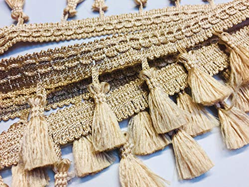 Fransen Quastenbordüre, Bommelband, Band mit Quasten für Vorhänge, Stoff, Handwerk – 16 Farben, jede Länge (Meterware), Gold Beige von LushFabric