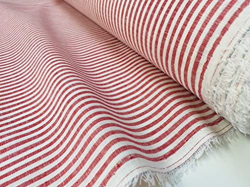 LushFabric Leinenstoff, gestreift, helles Baumwollmaterial, niedlich, gestreift, weiße Linien, Heimdekoration, Schneidern, 150 cm breit (Meterware) (rot) von LushFabric
