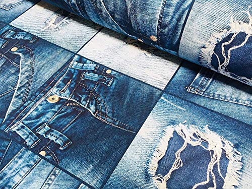 LushFabric Denim Jeans-Effekt, für Innendekoration, Vorhänge, Baumwollstoff, Jeansstoff, Patchwork, Digitaler Denim-Druck, Leinwand, 140 cm breit, Baumwolle, blau, 2 m von LushFabric