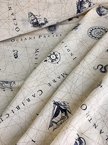 LushFabric Stoff mit nautischem Schiffskarte - Ocean Anchor Kompass Design Textil - Schneidern, Vorhänge, Leichter Polsterstoff, 140 cm breit, 1 m von LushFabric