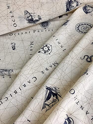 LushFabric Stoff mit nautischem Schiffskarte – Ocean Anchor Kompass Design Textil – Schneidern, Vorhänge, Leichter Polsterstoff, 140 cm breit, 2 m von LushFabric