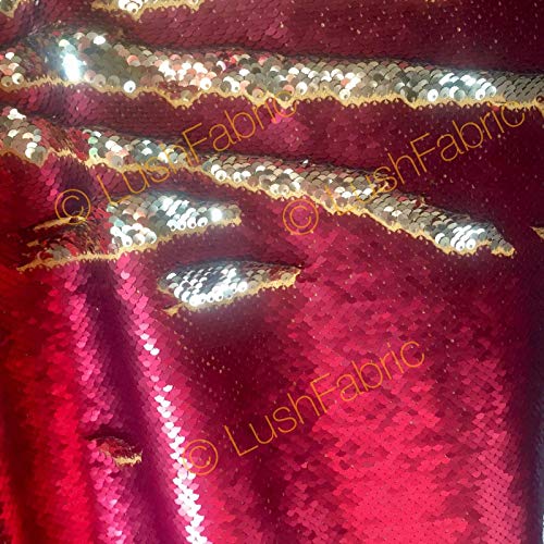 LushFabric Wende-Pailletten-Stoff, 5 mm, Meerjungfrau-Pailletten, 130 cm breit, 0,5 m lang, Raspberry Red & Gold, Half METRE von LushFabric