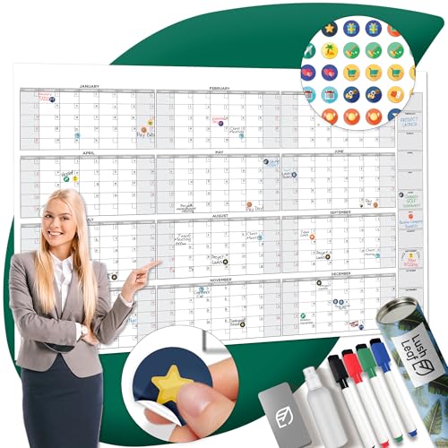 Großer, trocken abwischbarer Wandkalender, 96,5 x 147,3 cm, undatiert, jährlich, wiederverwendbar, komplettes 12-monatiges Jahr, inklusive Markern, Radiergummi und Zubehör von Lushleaf Designs