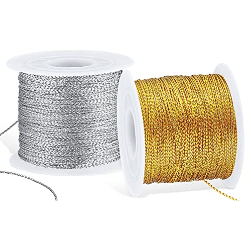 Lushly 2 Rollen Goldfaden, Metallschnur, 100 m, goldfarben, geflochten, 1 mm, zum Besticken aus Polyester, für Geschenkpapier, Dekoration, Handwerk, DIY (Gold, Silber), Silber, Gold, (Lushyp096) von Lushly